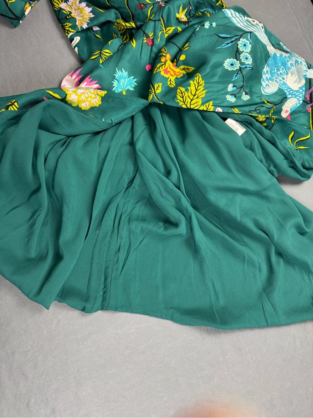 Maeve by Anthropologie Buttonfront Shirt Dress Green Botanical Birds Size 12 - Picture 14 of 16